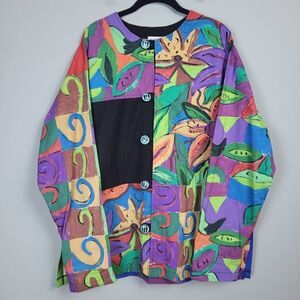 Vintage Silkscapes Womens Handpainted Jacket Multicolor Large Art to Wear Floral